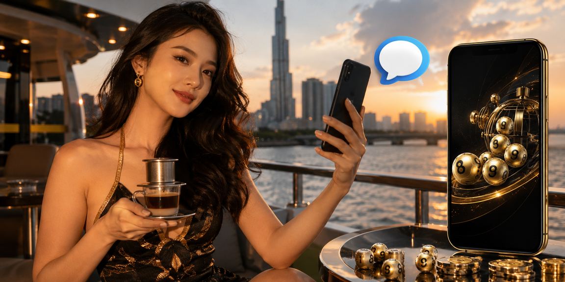 Cảnh người dùng tại TP. Hồ Chí Minh kiểm tra kết quả xổ số và trò chơi online bên cà phê