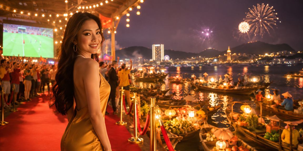 Người xem kèo thể thao trực tuyến tại chợ đêm Vũng Tàu ban đêm với điện thoại trên tay
